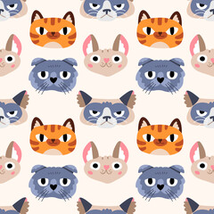Seamless vector pattern with cats. Colorful texture with funny animal faces for prints, fabrics, backgrounds and children industries. Surface design. Cat's day. Hand drawn flat doodle illustration 