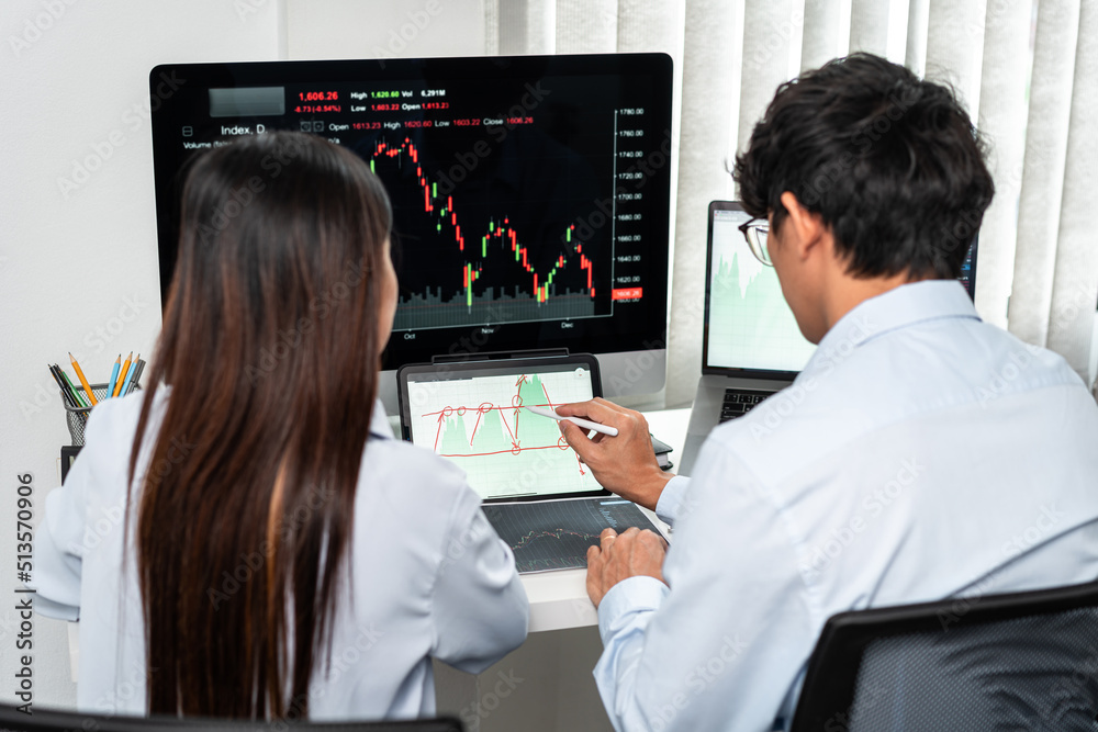 Poster investor business team working with computer, tablet and analyzing graph stock market trading planni