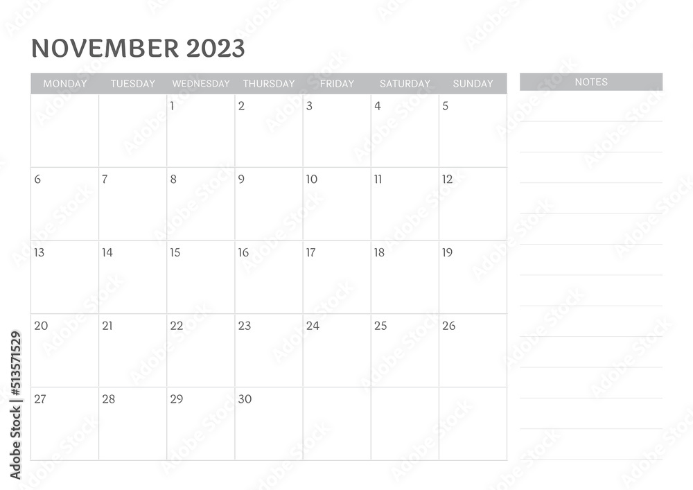 Wall mural Design calendar November 2023 with notes