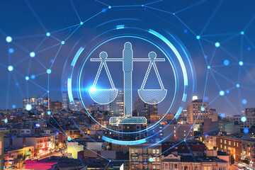 Fototapeta na wymiar Roof top panoramic city view of San Francisco at night time, midtown skyline, California, United States. Glowing hologram legal icons. The concept of law, order, regulations and digital justice