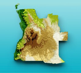 3D illustration of the Angola map shaded with colorful relief on a blue background