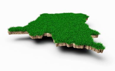 3D illustration of the Congo map with green grass and rocky ground isolated on a white background