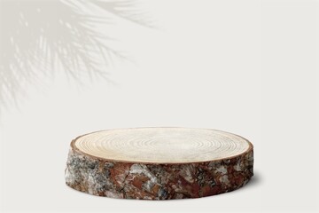 Eco rustic pine tree wood disc platform podium. Minimal empty display product presentation scene