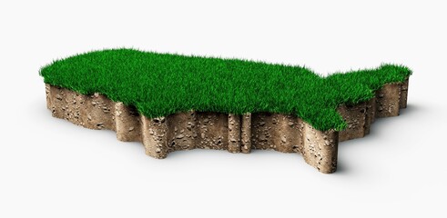 3D illustration of the USA map with green grass and rocky ground isolated on a white background