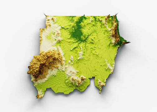 3D illustration of the Sudan map shaded with colorful relief on a blue background