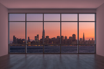 Empty room Interior Skyscrapers View Cityscape. Downtown San Francisco City Skyline Buildings from High Rise Window. Beautiful California Real Estate. Sunset. 3d rendering.