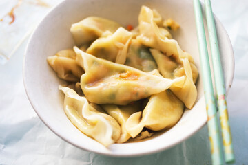 Gyozas Japanese with vegetables and soy sauce 