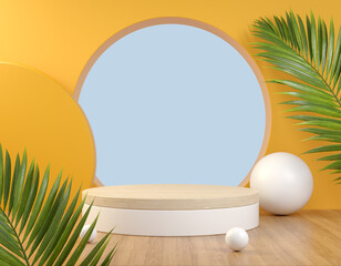 3d Rendering Mockup Wood Podium Display Stage, Palm Leaf Yellow Illustration Background