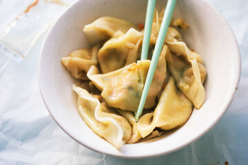 Gyozas Japanese with vegetables and soy sauce 