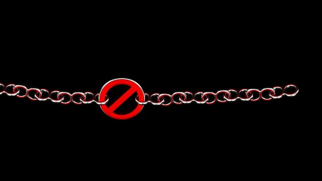 Concept: Sanctions. Chain of links as a infinity signs with a red prohibition sign are closing. Loopable. Luma matte. 3D rendering.