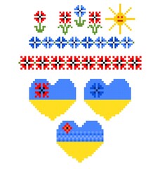 Print for Ukrainian theme with heart shapes and seamless floral embroidery borders. Vyshyvanka design for celebration independence of Ukraine