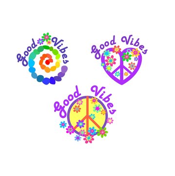 Print variation for girl tee, t shirt design, poster and sticker with Hippy peace symbol, flower-power, colorful pebbles spiral and 70s or 60s Retro Hippie Good Vibes slogan