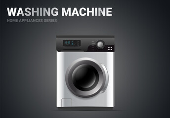 Vector realistic illustration of silver color washing machine on dark background. 3d style shine washer appliances design