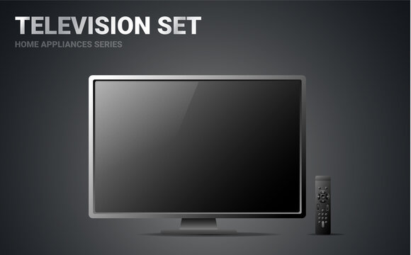 Vector realistic illustration of television set with remote control on dark background. 3d style tv set appliances design