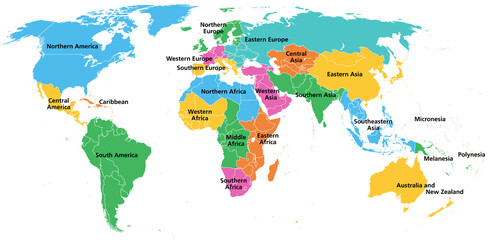 Fototapeta Statistical subregions of the world, geoscheme and political map. System that divides all countries and territories of the world into 22 subregional groups. Colored division for statistical purposes. obraz