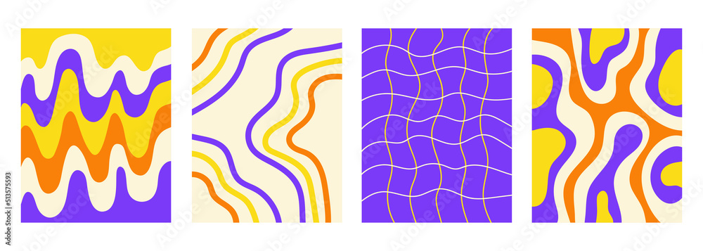 Poster retro set wavy abstract vertical backgrounds in style hippie 60s, 70s. trendy collection groovy dist