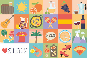 Spain icons vector flat design set. Isolated graphics of Spanish traditional symbols and objects for tourism, tourist, vacation, holiday, food, drink, activities
