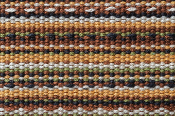 Plain weave fabric macro texture. Cloth background with horizontal strips of white, yellow, green, brown and black colors. Textile surface. Colorful woven fabric as design element. Weft and warp. - obrazy, fototapety, plakaty