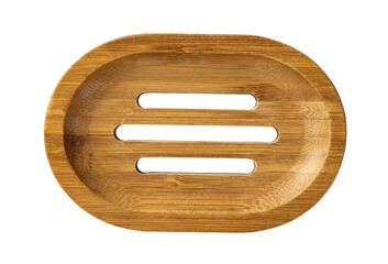 Bamboo soap dish cutout. Empty wooden soap holder isolated on a white background. Plastic free...