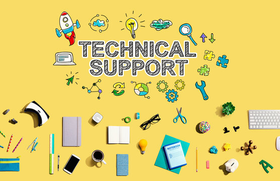 Technical support with collection of electronic gadgets and office supplies
