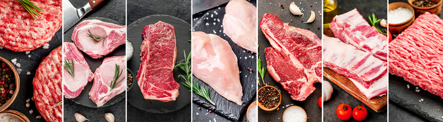 food collage of various types of fresh meat on stone background, top view