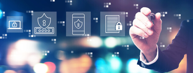 Data Privacy concept with businessman on night city background