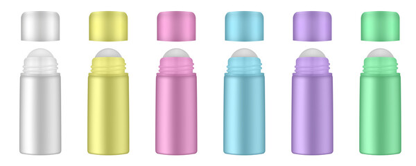 Set of roller ball bottles. Body antiperspirant deodorant roll-on, open blank bottles with screw cap. Realistic vector mockup. Roller Applicator. White, yellow, pink, blue, purple and green containers