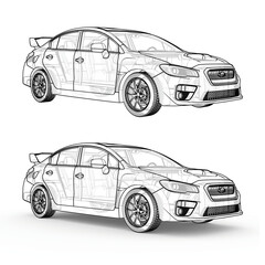 Naklejka premium Car sketch. Black contour sketch detailed car isolated on white background