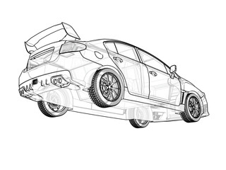 Car sketch. Black contour sketch detailed car isolated on white background
