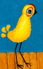 yellow chicken with big eyes on a blue background, oil painting