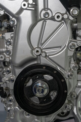closeup view of modern automobile vehicle engine and spare parts.