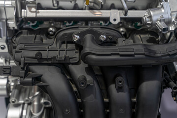 closeup view of modern automobile vehicle engine and spare parts.
