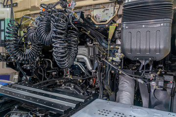 closeup view of modern automobile vehicle engine and spare parts.