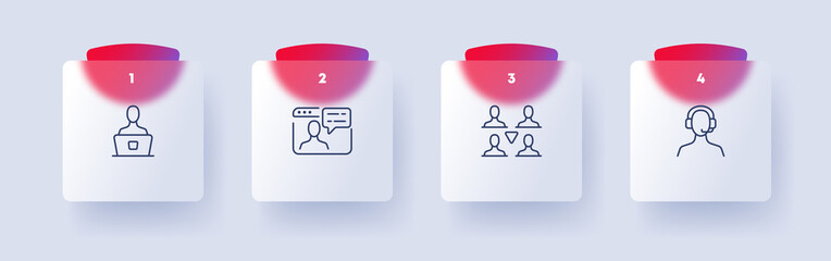 Call centre set icon. Support service, phone, remote consultation, headset, computer, operator, message. Hotline concept. Glassmorphism style. Vector line icon for Business and Advertising