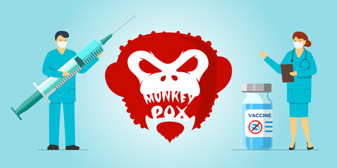 Monkeypox virus infection vaccination concept. Medical staff doctor with syringe and nurse with vaccine standing near monkey pox disease outbreak. MPV MPVX danger and public health epidemic risk. Eps