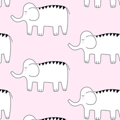 Vector cute minimalistic pattern in doodle style.  Cartoon baby elephant.  Colorful flat illustration for your creativity.