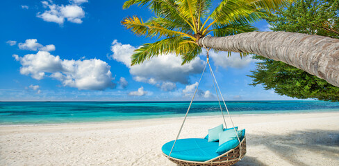 Tropical beach panorama. Summer relax landscape with beach swing, white sand, calm sea sky, island...
