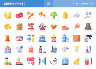 Supermarket icons set. Flat color set of vector. Can used for digital product, presentation, UI and many more.