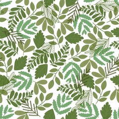 Green leaves seamless pattern. Set of leaves in different tones on the white background. Simple trendy illustration for modern design.