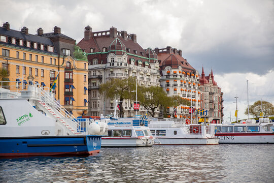 Boats by Strandvagen boulevard in Stockholm