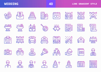 Wedding icons set. Line gradient set of vector. Can used for digital product, presentation, UI and many more.