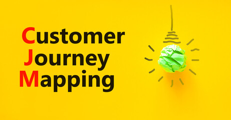 CJM customer journey mapping symbol. Concept words CJM customer journey mapping on yellow paper on a beautiful yellow background. Business and CJM customer journey mapping concept. Copy space.