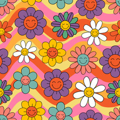 seamless pattern with colorful smiling flowers on a rainbow background - 513584980