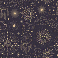 Hand drawn seamless pattern of Sun, Moon, sunburst, dreamcatcher, constellation, feather, star. Celestial space vector. Magic space galaxy sketch illustration for wallpaper, wrapping paper