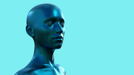 3d illustration. Portrait of a blue bald woman on a blue background. 