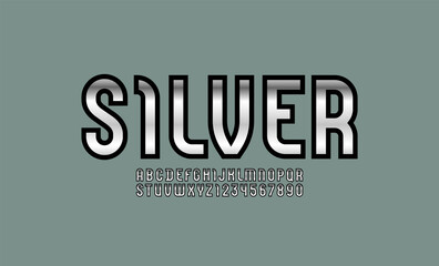 Narrow silver font, condensed alphabet sans serif, chrome metallic letters and numbers