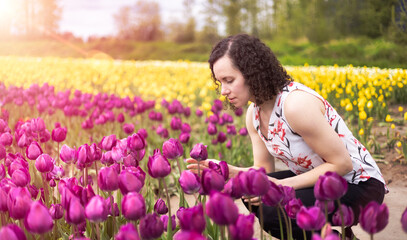 Naklejka na ściany i meble Caucasian Adult Woman looking at fresh Tulip Flowers in a field. Spring Season.