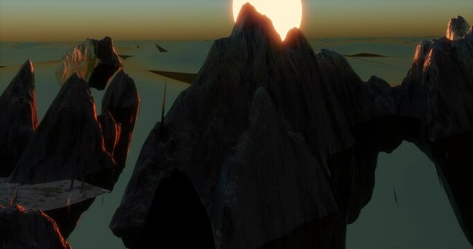 Fantasy fjords at twilight surrounded by deep ocean wilderness animation 3d render motion camera aerial view
