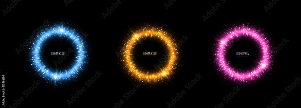 Wall mural set of sparkle circle rings with glowing particles. luxury shiny circles twinkle on transparent back