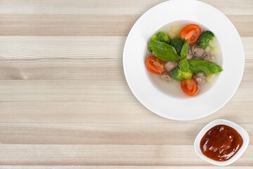 Bakso Meatballs and Soup Served Sauce, Food Style Popular Street Food